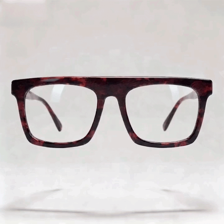 Dark burgundy tortoise square acetate eyeglasses frame, side profile shot on light gray studio background