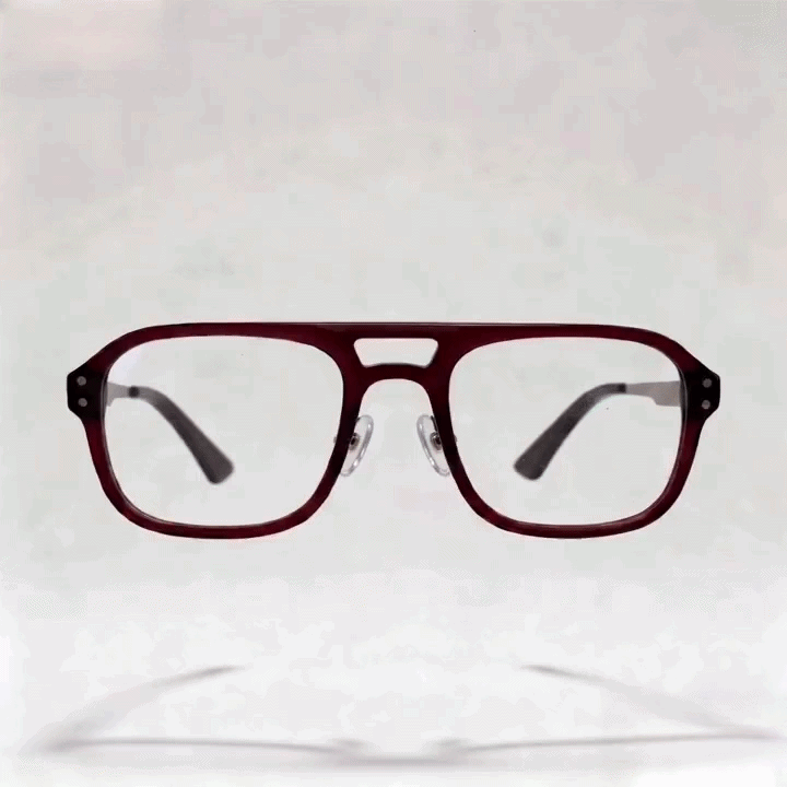 Glossy burgundy double bridge aviator eyeglasses frame with metal temples, white studio background