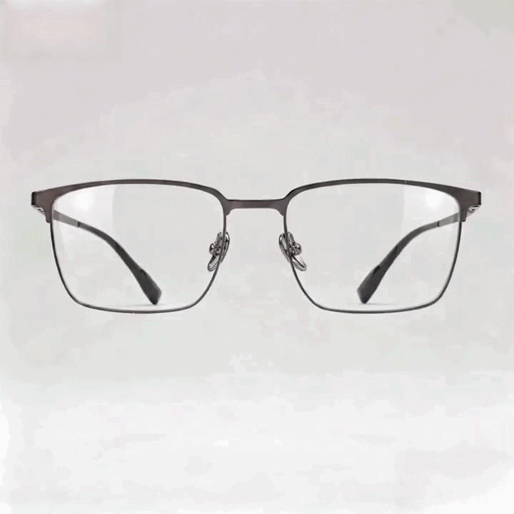 Dark bronze metal square eyeglasses frame, white studio background