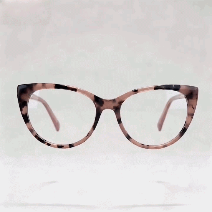 Pink‑tortoiseshell cat‑eye acetate eyeglasses frame, light‑pink temples, white background