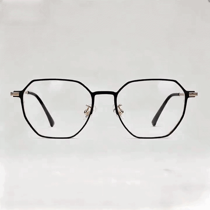 Black metal octagonal eyeglasses frame, white studio background