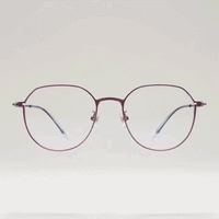 Light rose gold metal octagonal eyeglasses frame with thin slim temple arms, light gray studio background