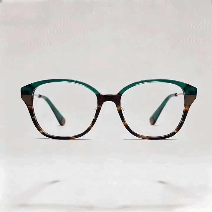 Green tortoise round acetate eyeglasses frame with metal temples, white studio background