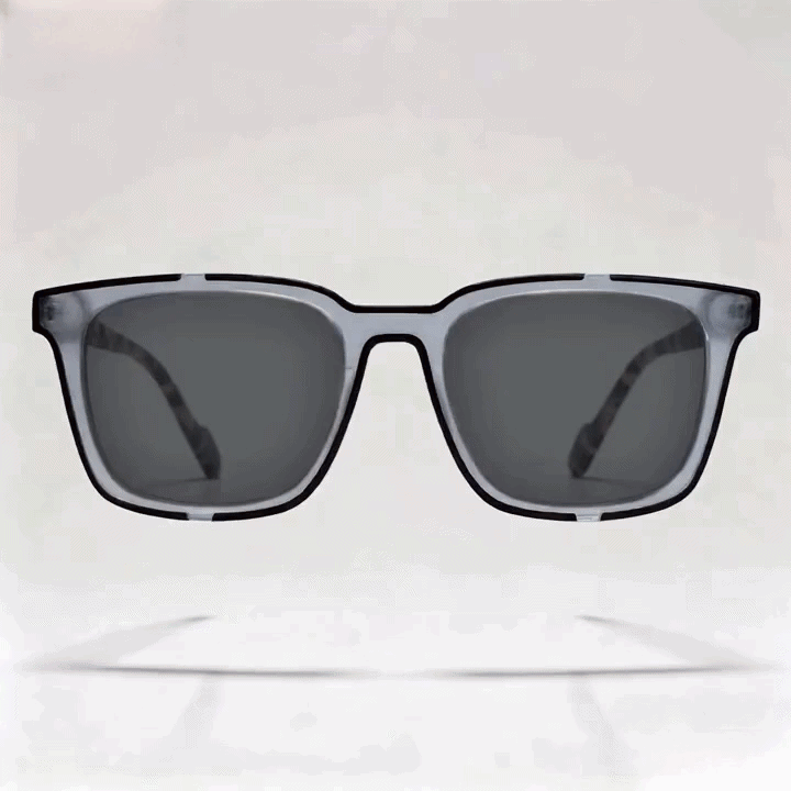 Two-tone clear gray square sunglasses with tortoise temple arms studio shot