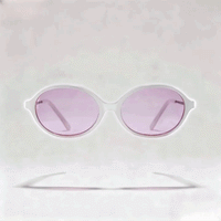 Transparent white oval acetate sunglasses frame with light pink tint lenses, light gray studio background; right side overlay Windows Optimization Master pop-up window