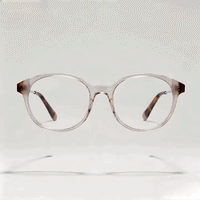 Transparent pale round acetate eyeglasses frame with tortoise metal temples, white studio background