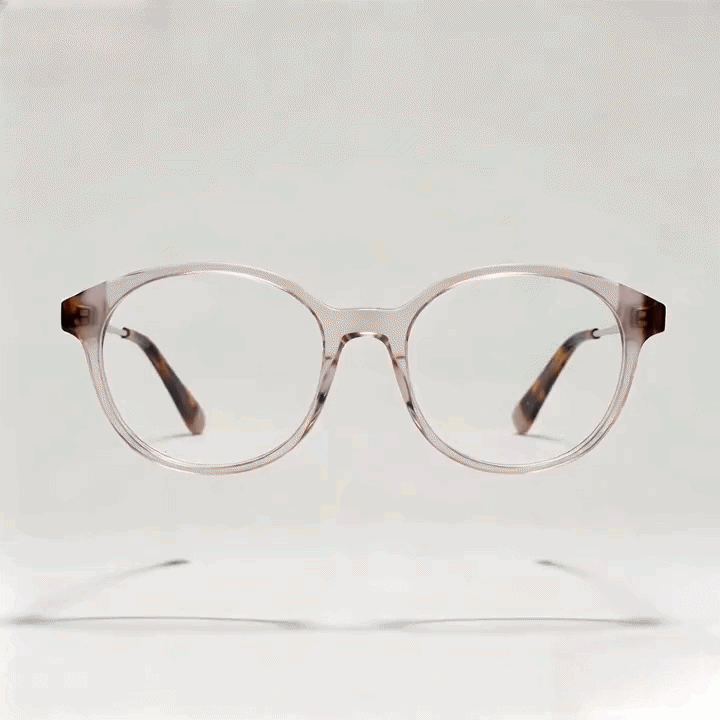 Transparent pale round acetate eyeglasses frame with tortoise metal temples, white studio background