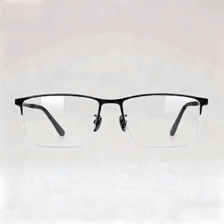 Black half-rim square metal eyeglasses frame with hollow temple details, white studio background