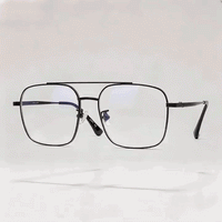Black double bridge square metal eyeglasses frame, white studio background