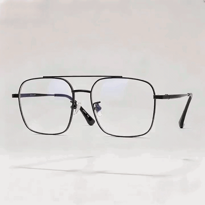 Black double bridge square metal eyeglasses frame, white studio background