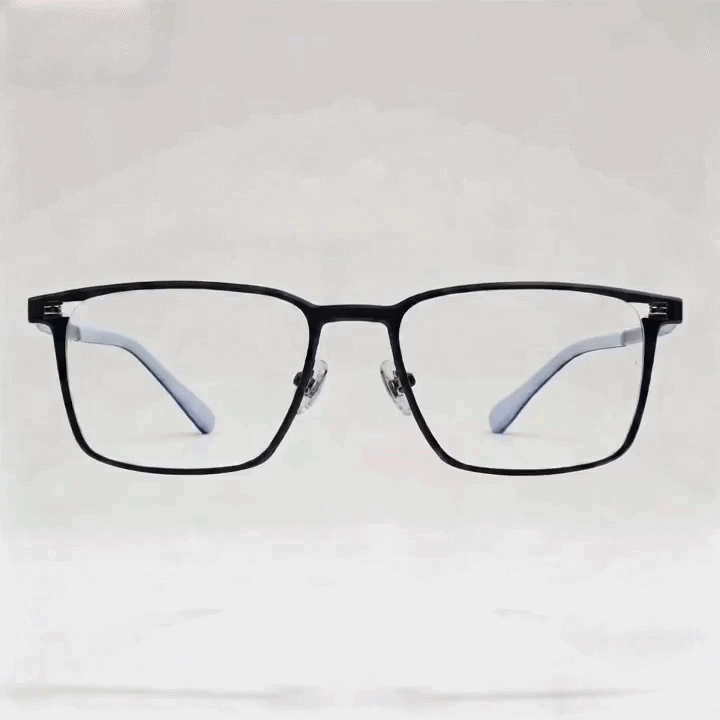 Black square metal eyeglasses frame with silver temple accents, white studio background