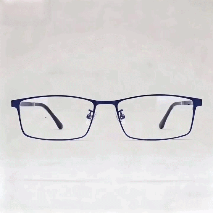 Dark navy metal rectangular eyeglasses frame, white studio product shot