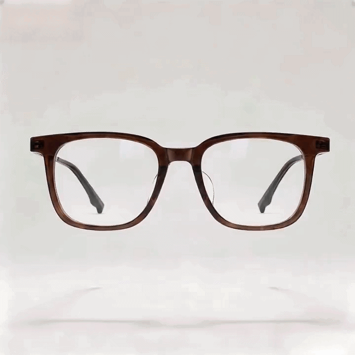 Brown tortoise square acetate eyeglasses frame, white studio background