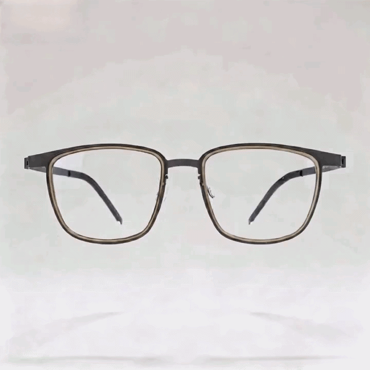 Two-tone dark gray and light beige square acetate eyeglasses frame, white studio background