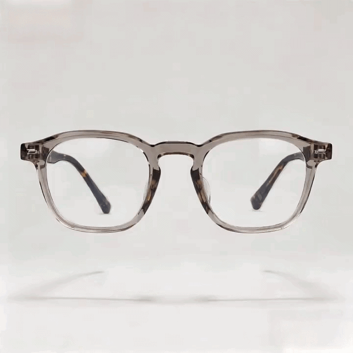 Light gray tortoise square acetate eyeglasses frame, white studio background