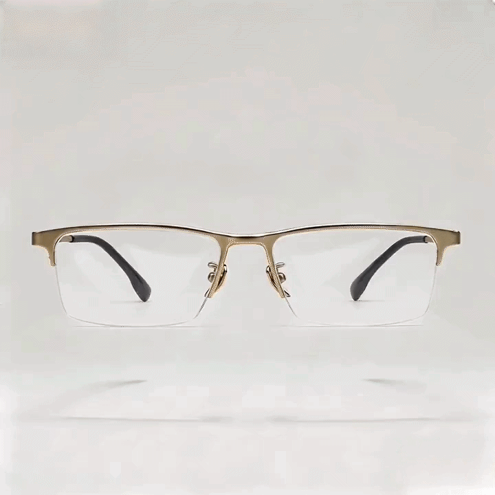 Gold half-rim square metal eyeglasses frame, white studio background