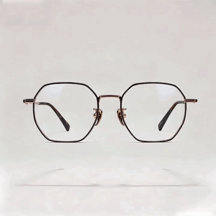 Dark tortoise octagonal acetate eyeglasses frame with gold metal temples, white studio background