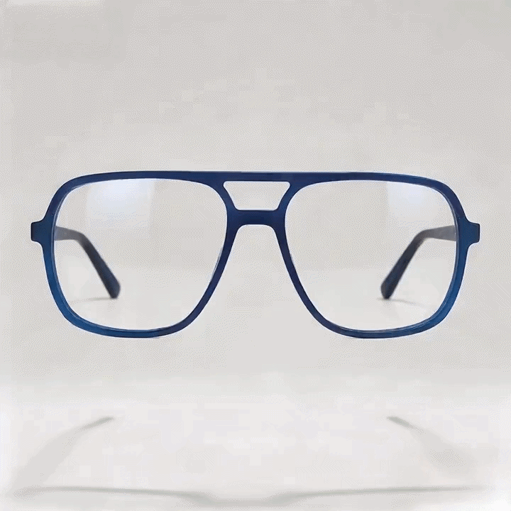 Transparent navy acetate double bridge aviator eyeglasses frame, white studio background