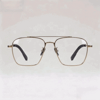 Gold double-bridge square metal eyeglasses frame, light gray studio background
