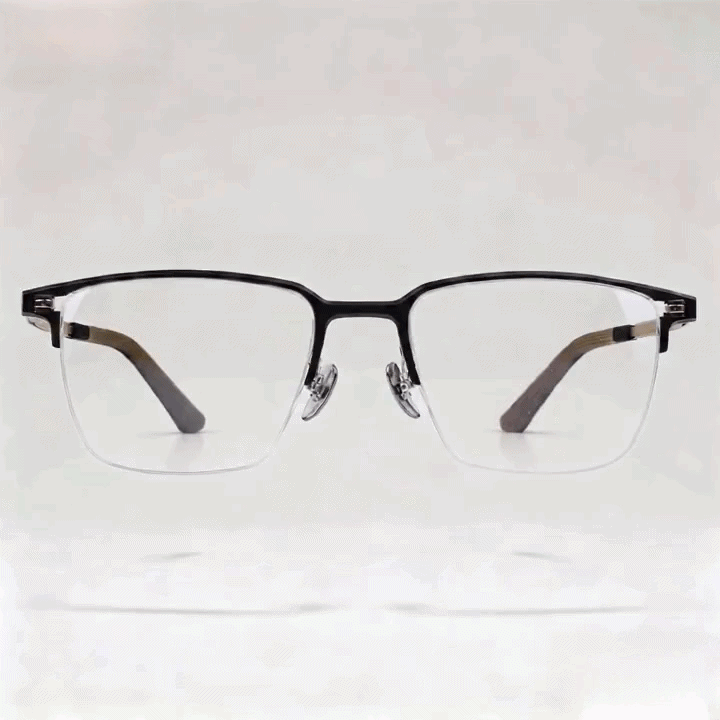 Black half-rim square metal eyeglasses frame, white studio background