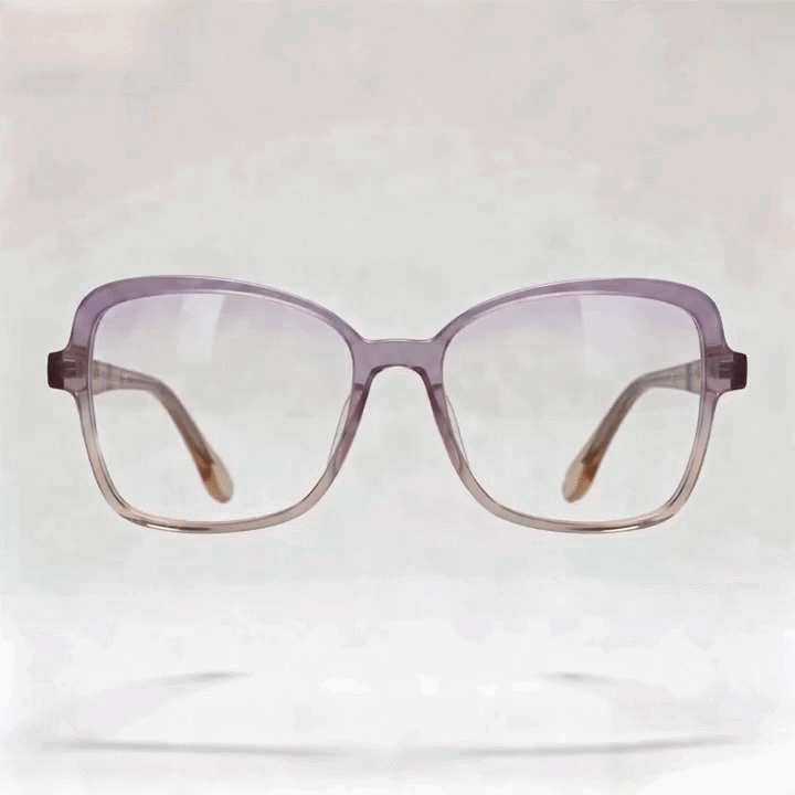 Gradient lavender transparent square acetate eyeglasses frame, white studio background