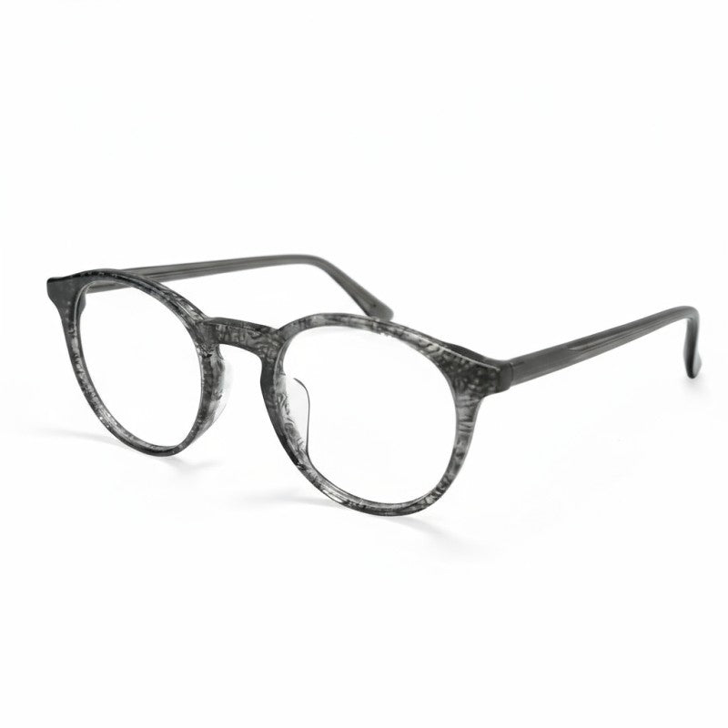 Round eyeglasses with a black and gray tortoiseshell pattern on a white background