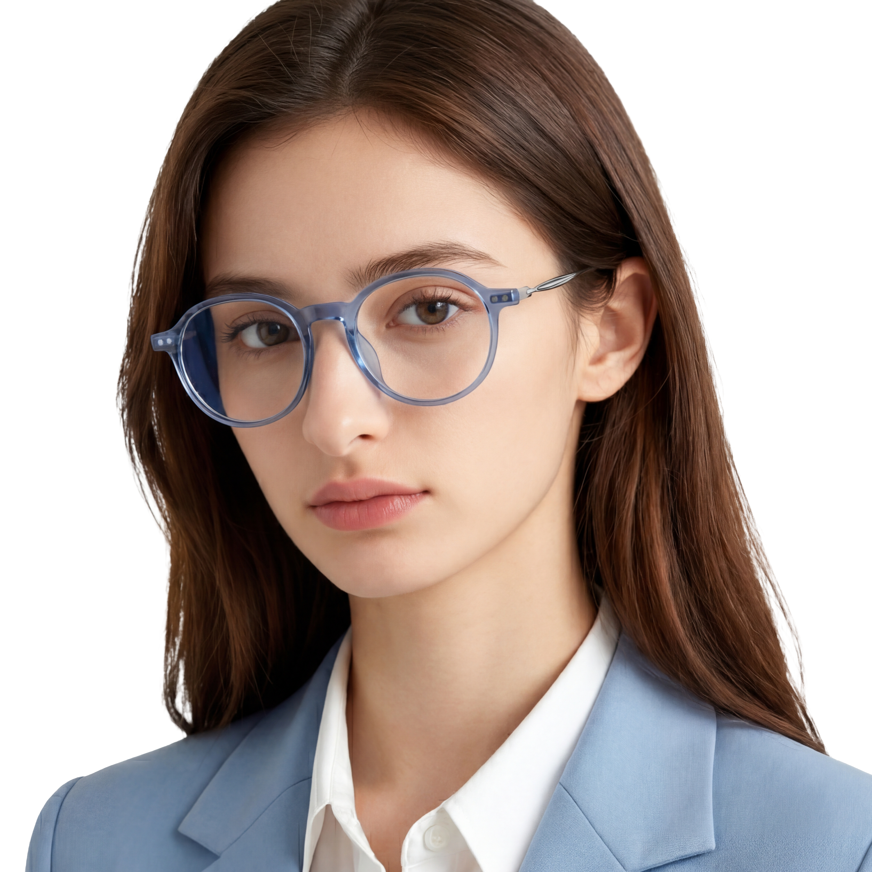 Woman wearing blue eyeglasses and a light blue blazer on a white background
