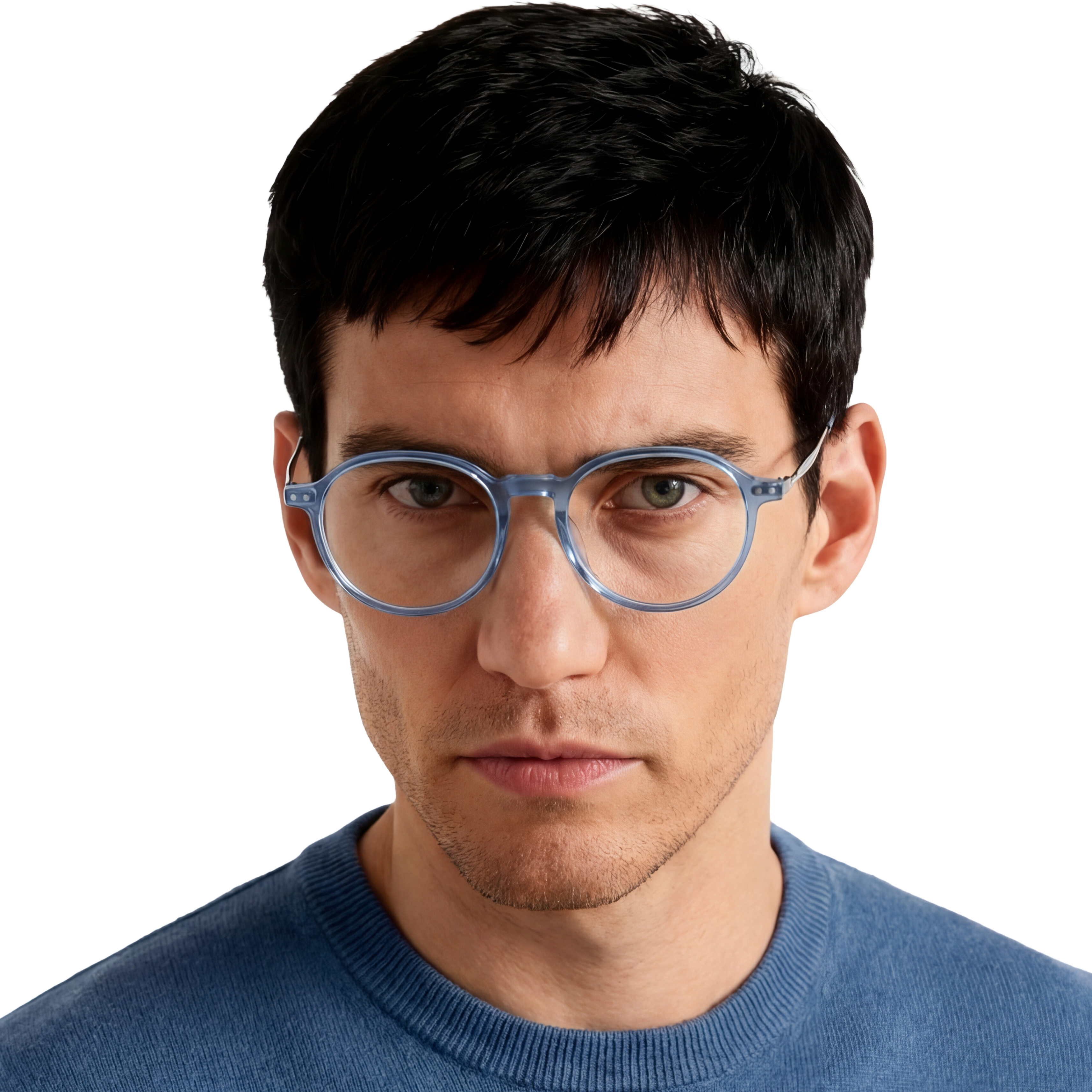 Man wearing blue glasses with a plain background