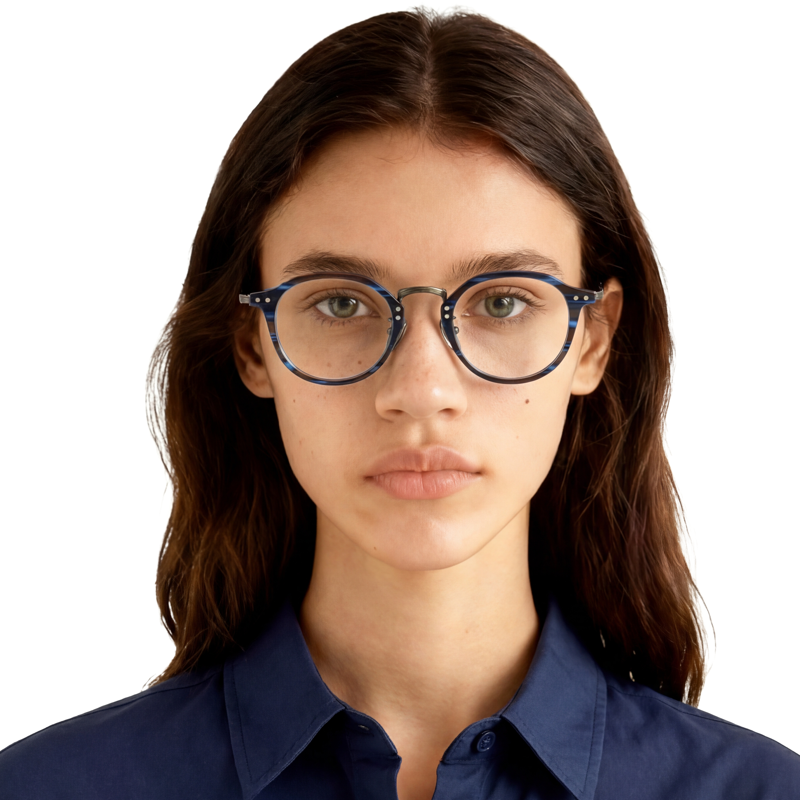 Person wearing blue eyeglasses on a white background