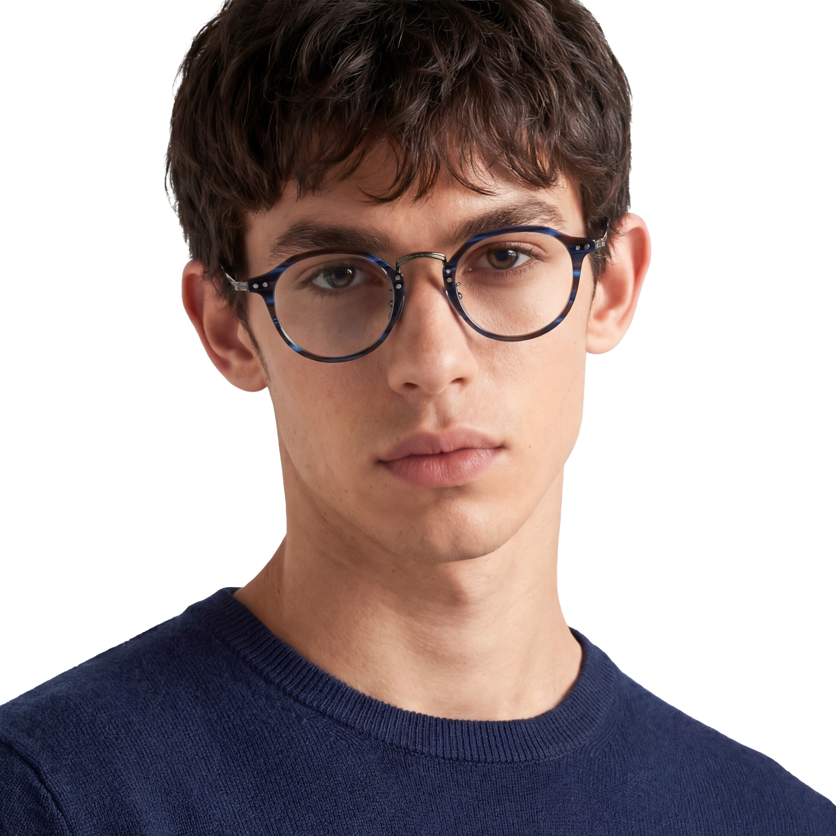 Man wearing round eyeglasses with a plain background
