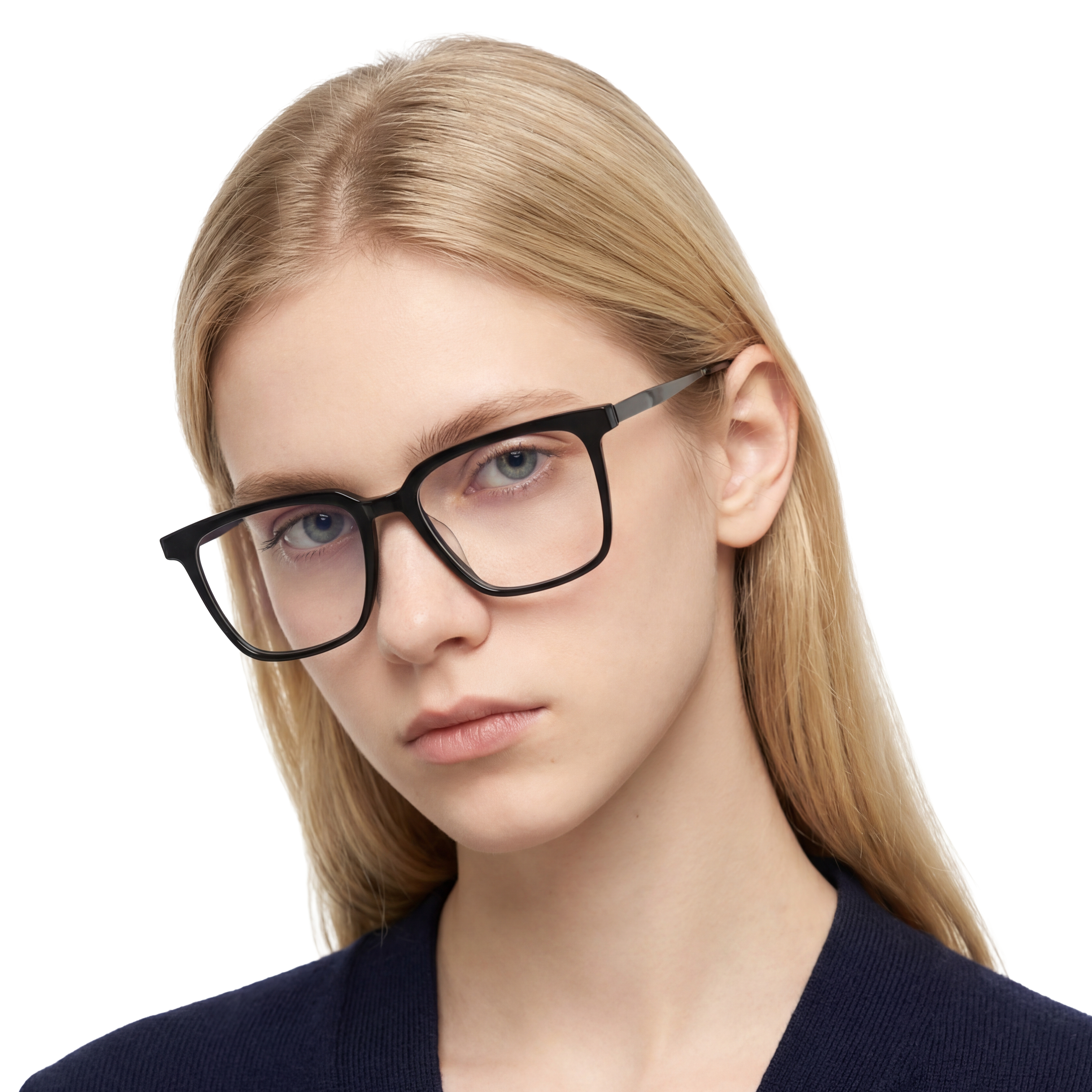 Person wearing black glasses on a white background