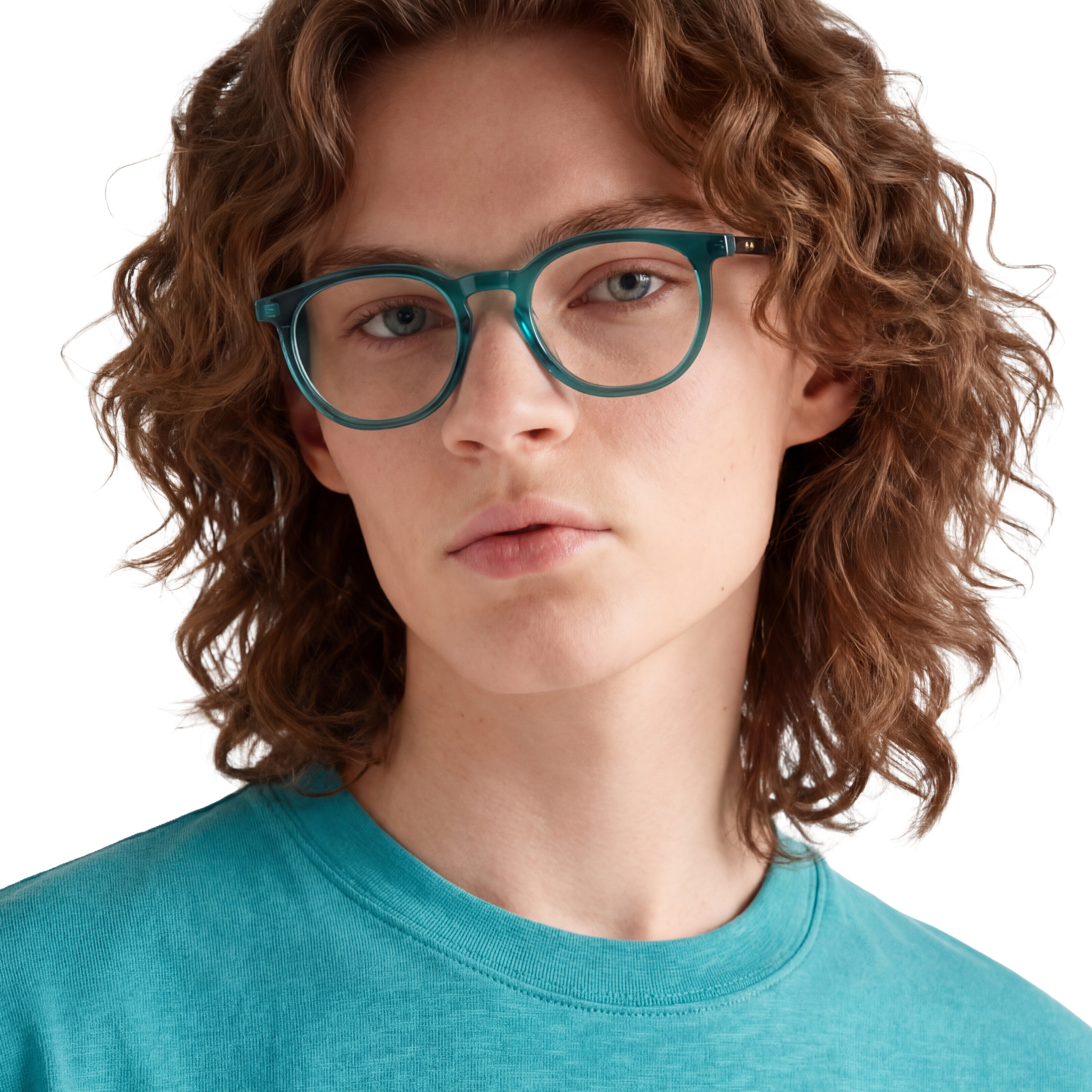 Person wearing teal glasses and a turquoise shirt on a white background