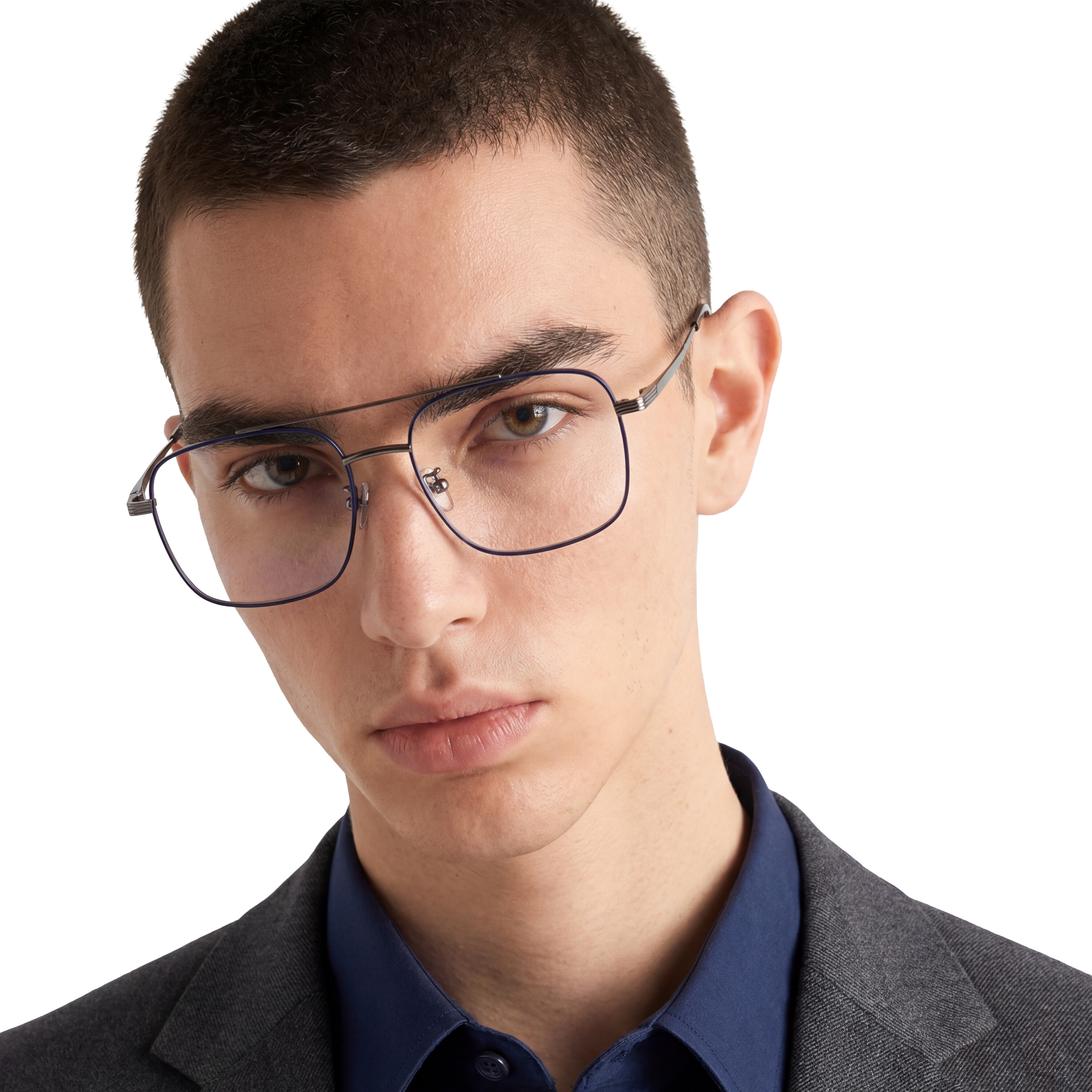 Man wearing glasses and a suit on a white background
