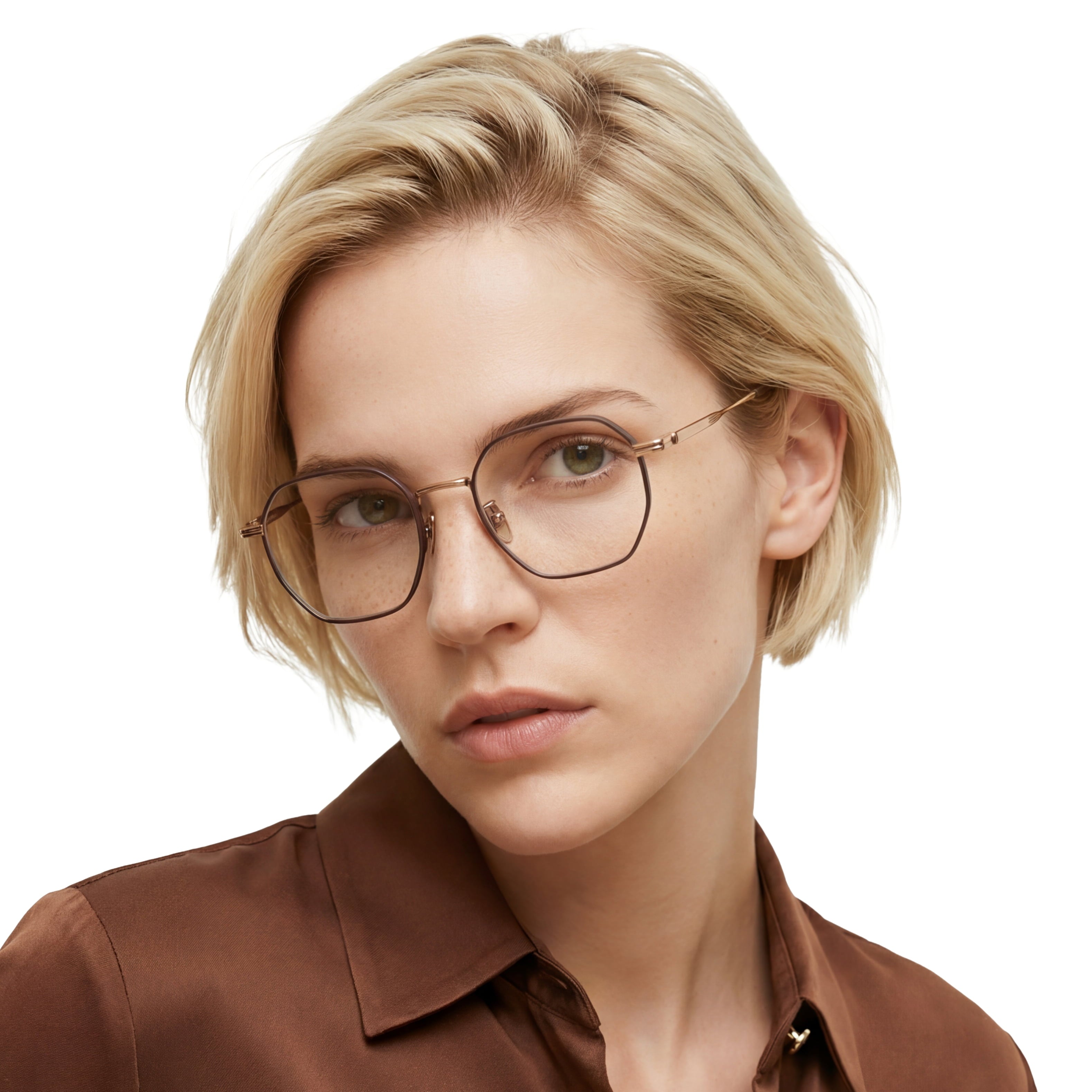 Person wearing glasses and a brown shirt on a white background