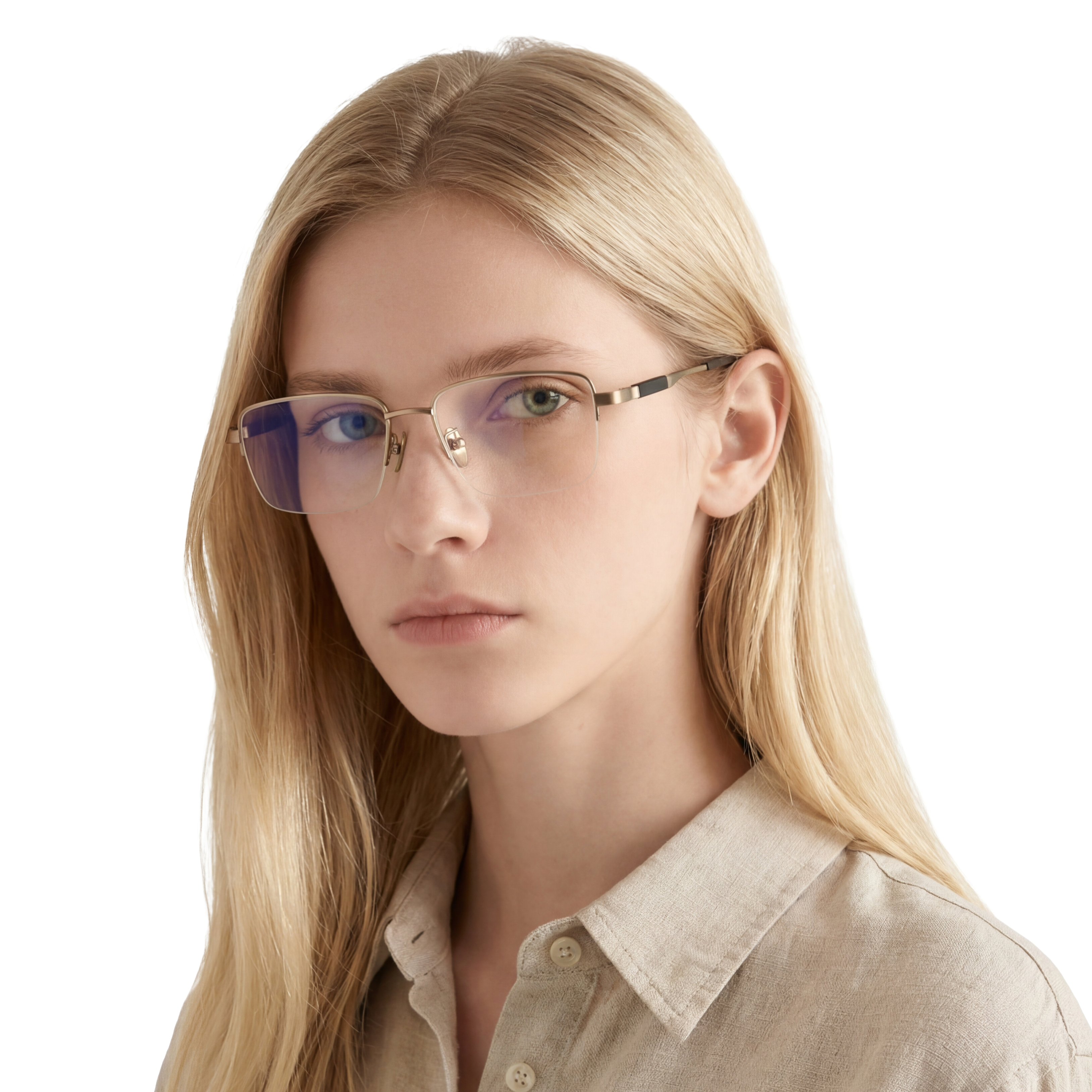 Woman wearing glasses with a neutral background
