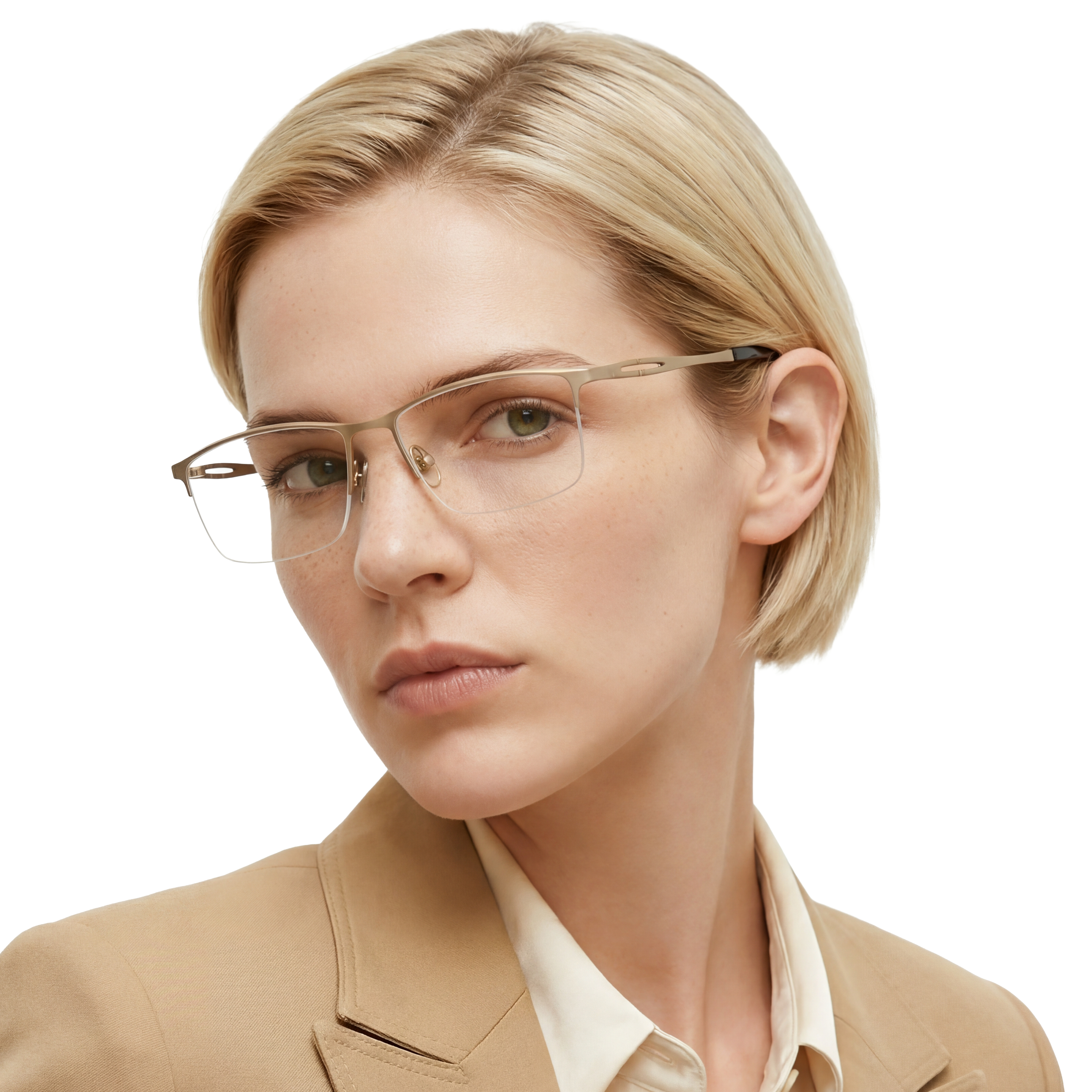 Woman wearing glasses and a beige jacket on a white background