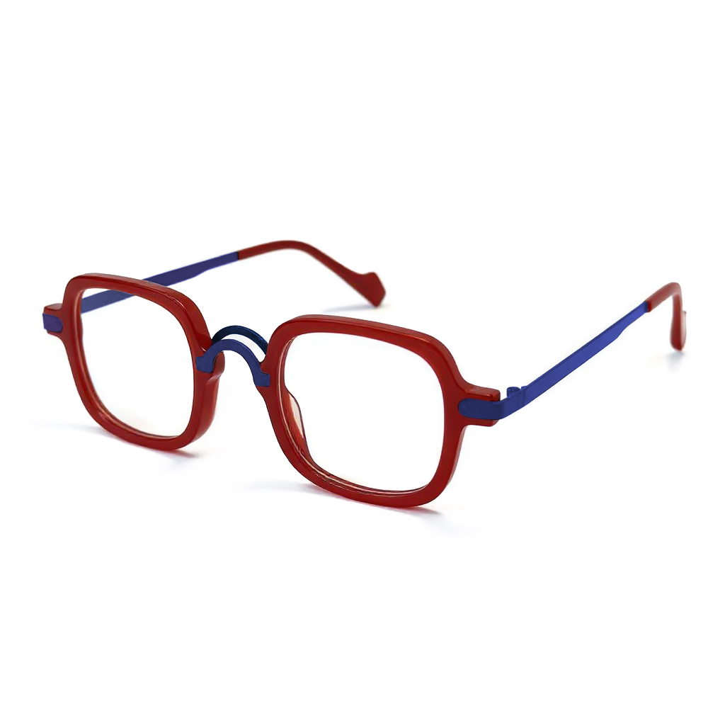Red and blue eyeglasses on a white background