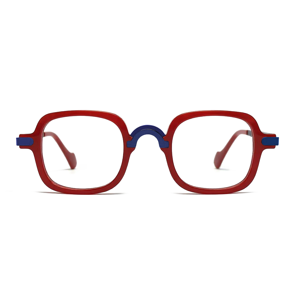 Red glasses with blue accents on a white background