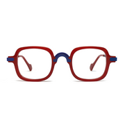 Red glasses with blue accents on a white background