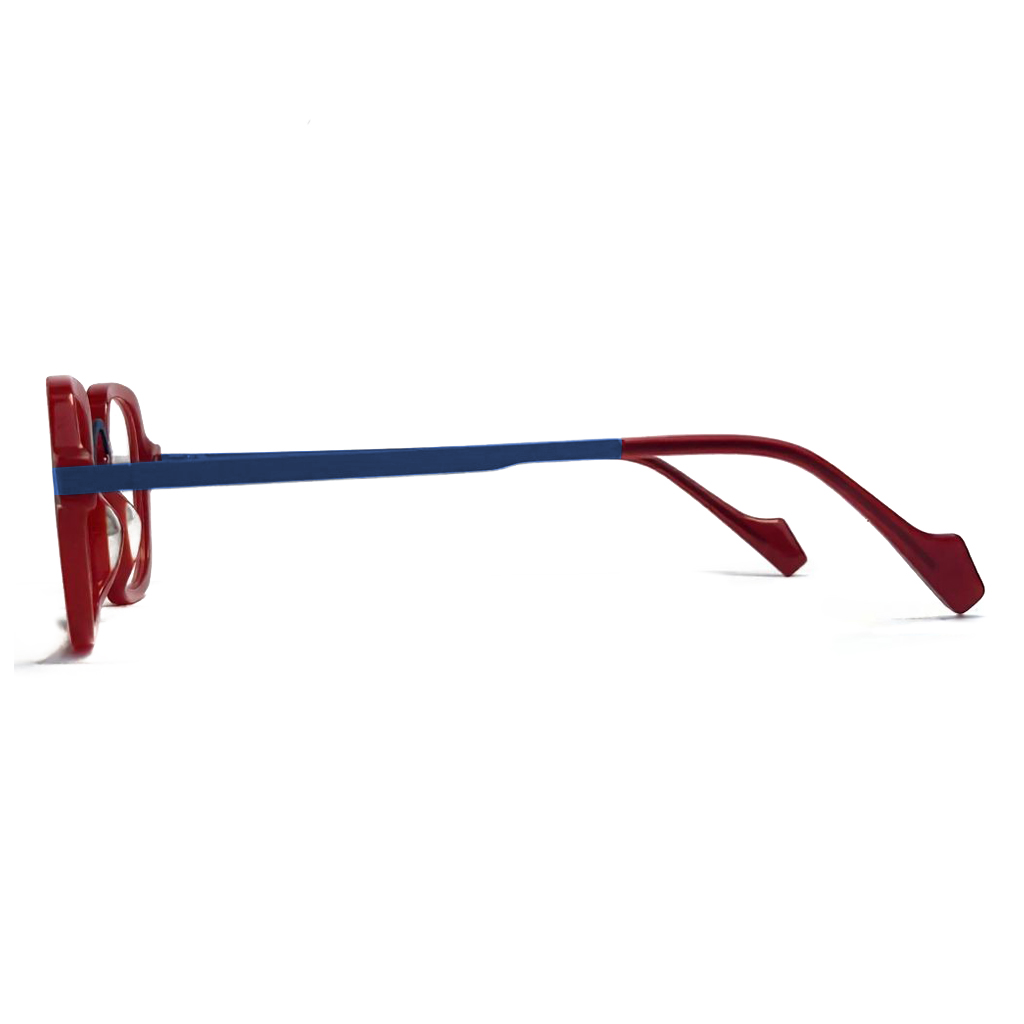 Eyeglasses with red arms and blue bridge on a white background
