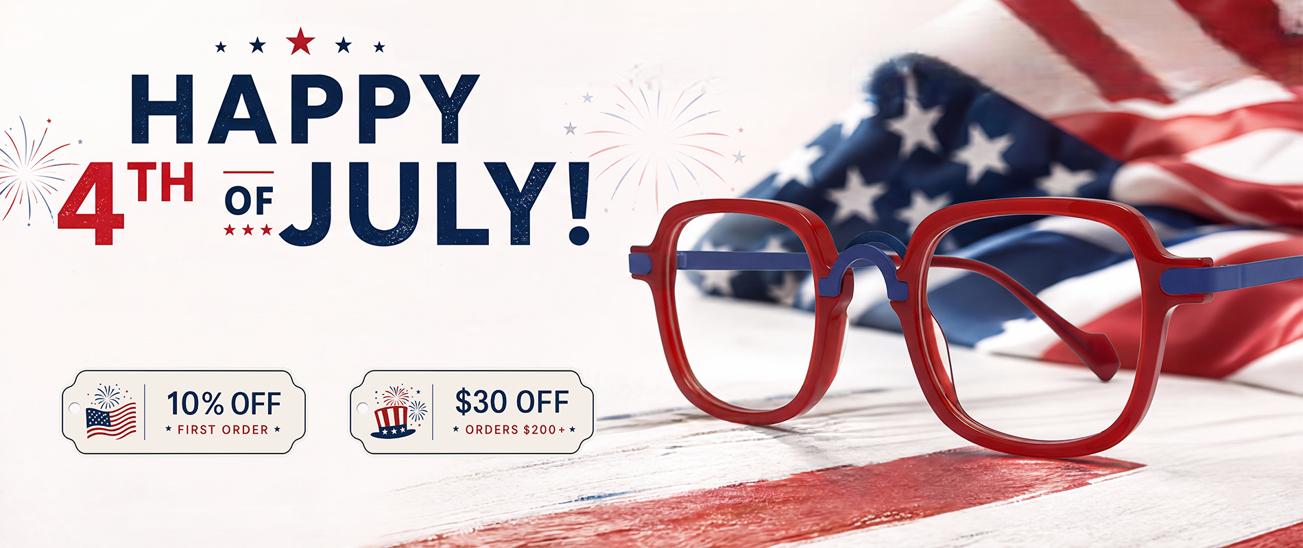 Promotional graphic for 4th of July with red glasses, American flag, and discount information.