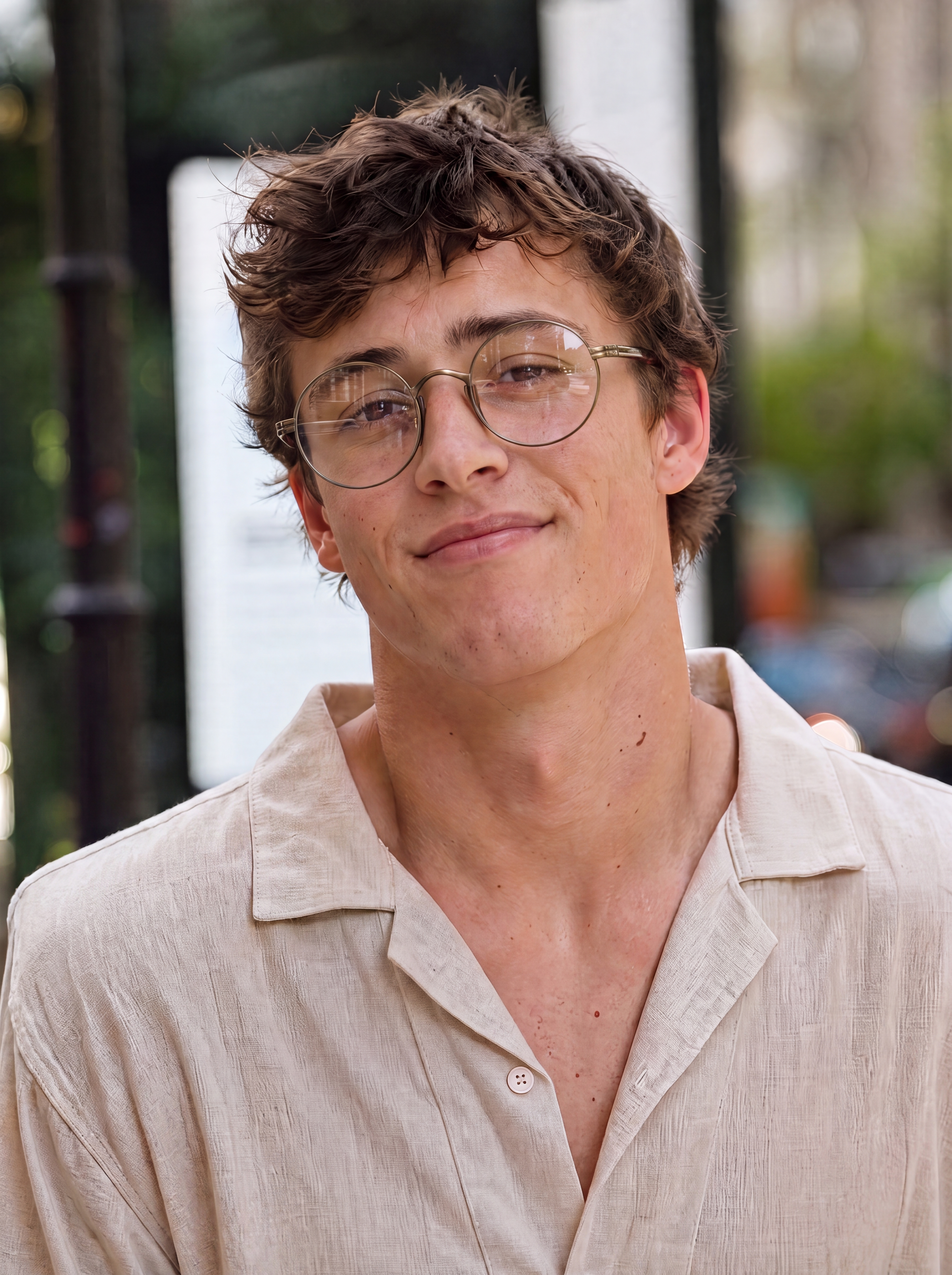 A young man with curly brown hair and round metal-framed glasses, wearing a light beige linen button-up shirt, photographed outdoors with a blurred city background.