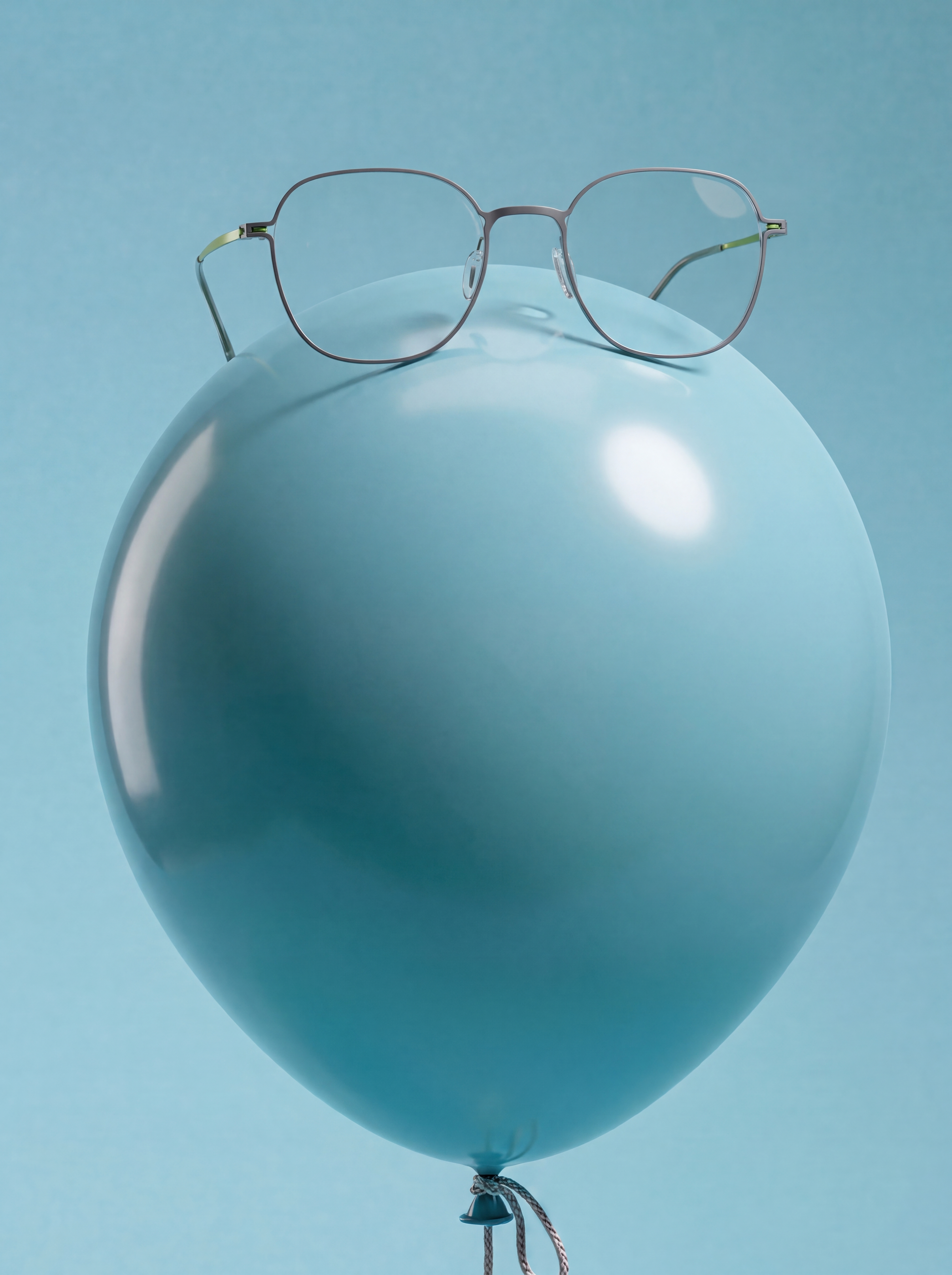 Oversized square eyeglasses with a thin bronze-toned metal frame resting on top of a glossy light blue balloon against a solid light blue background.