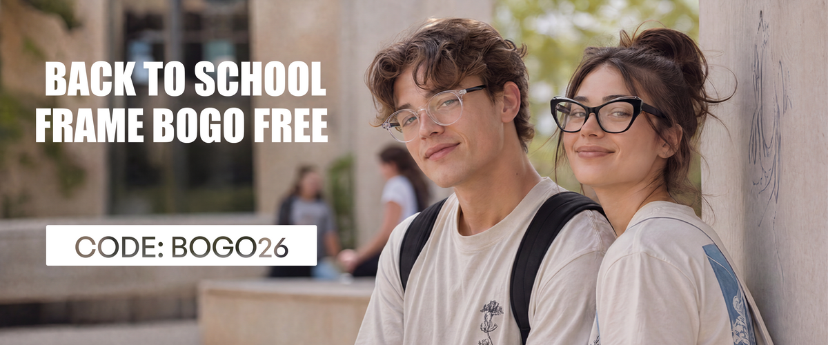 A promotional graphic with the text 'BACK TO SCHOOL FRAME BOGO FREE' and 'CODE: BOGO26' over a lifestyle photo of a young man and woman wearing black-framed glasses, leaning against a stone wall outdoors.