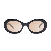 Oval sunglasses with a glossy black frame and light brown gradient lenses, shown against a plain white background.
