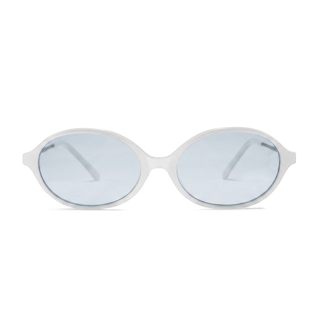 Oval sunglasses with a translucent white frame and light blue-tinted lenses, shown against a plain white background.
