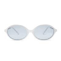Oval sunglasses with a translucent white frame and light blue-tinted lenses, shown against a plain white background.