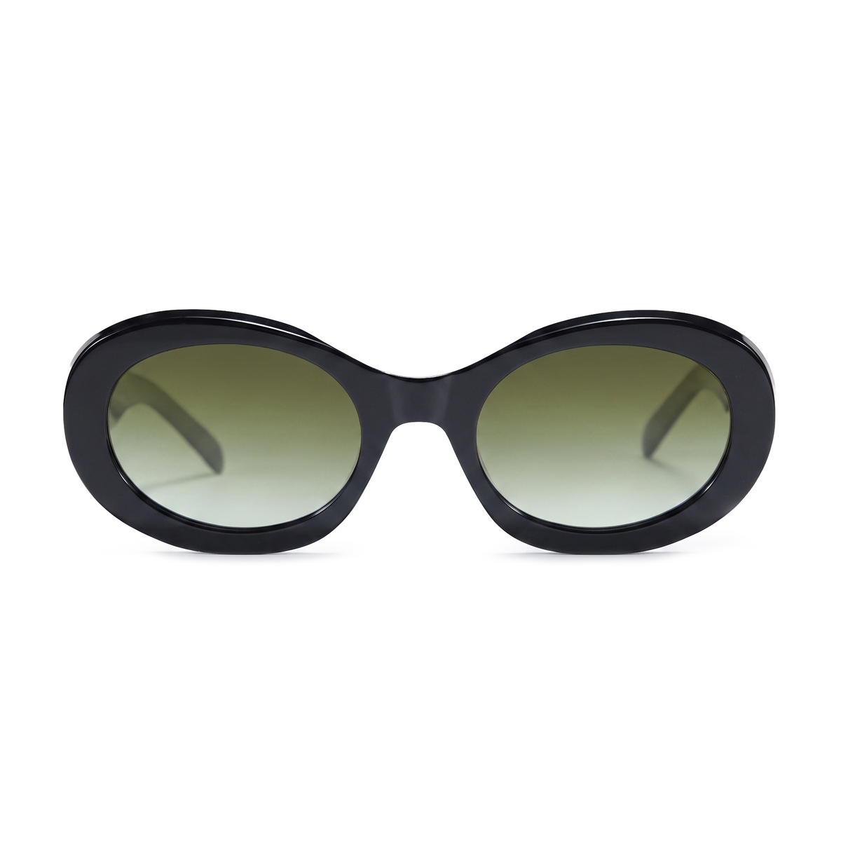 Oval sunglasses with a thick black frame and gradient green-tinted lenses, shown against a plain white background.