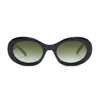 Oval sunglasses with a thick black frame and gradient green-tinted lenses, shown against a plain white background.
