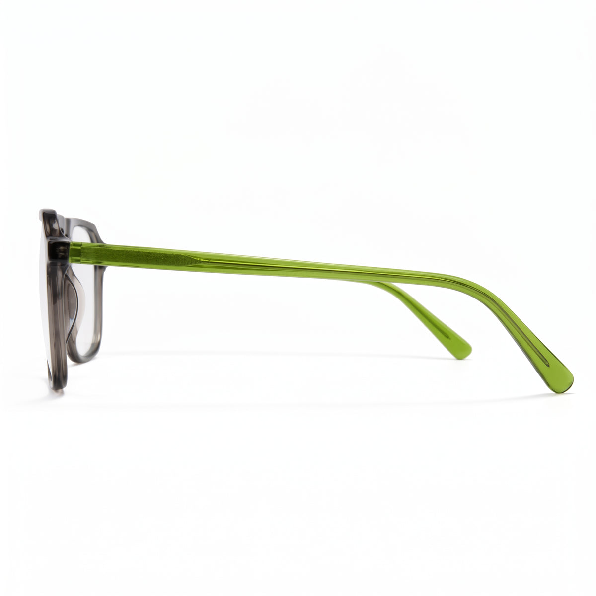 Eyeglasses with a gray frame and green temples shown from a side angle on a white background